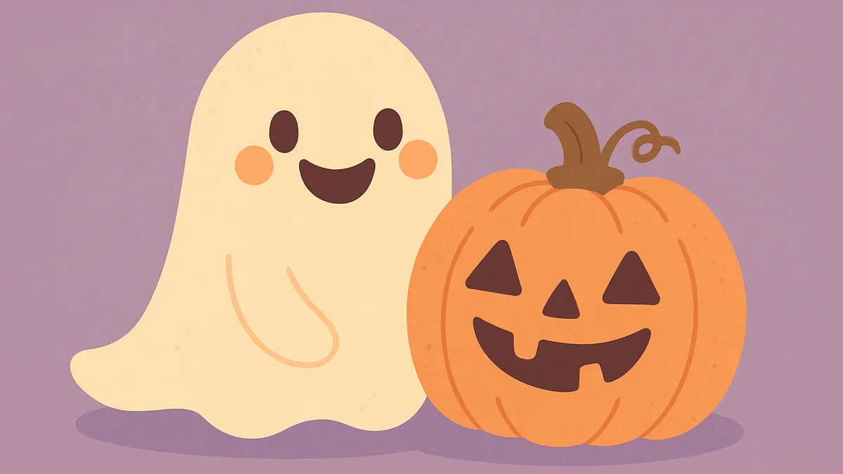 A cute friendly cartoon ghost and pumpkin sitting together, Halloween themed but not scary