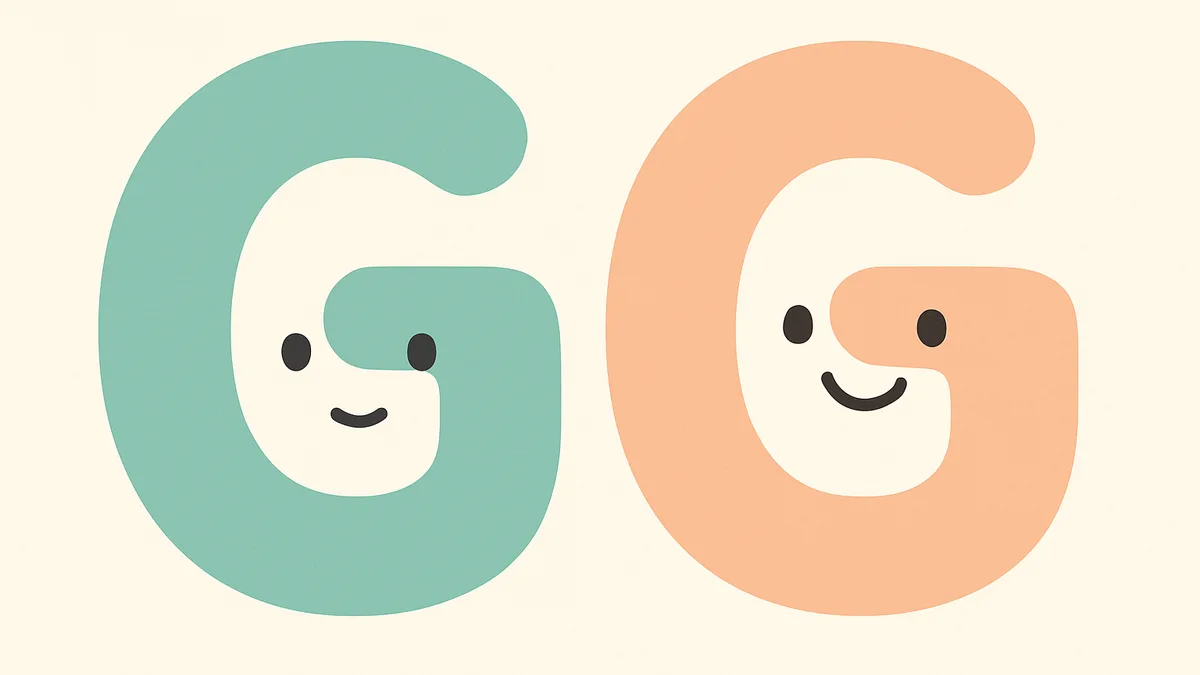 The letter G shown twice with two different friendly cartoon expressions representing its two sounds