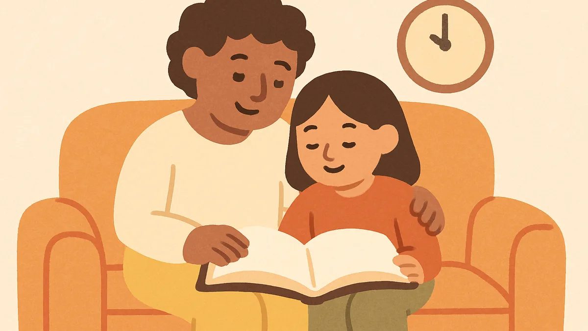 A parent and child sitting together with a small clock and an open book, representing a structured reading time