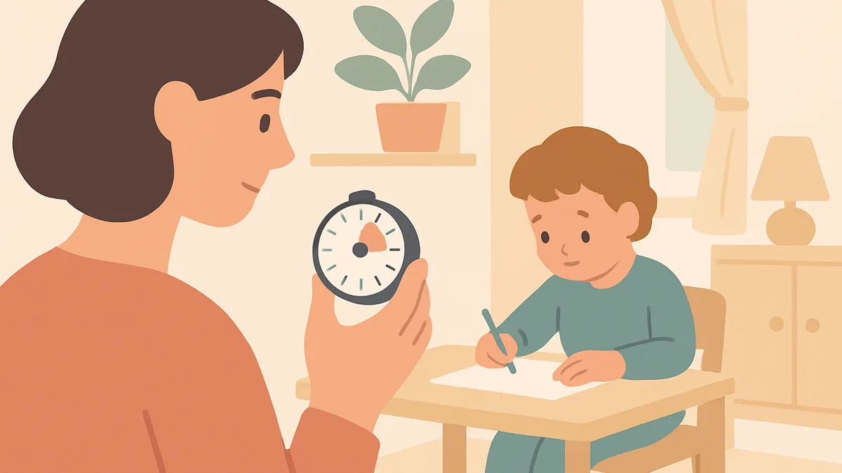 A parent glancing at a small kitchen timer while a young child practices at a table nearby