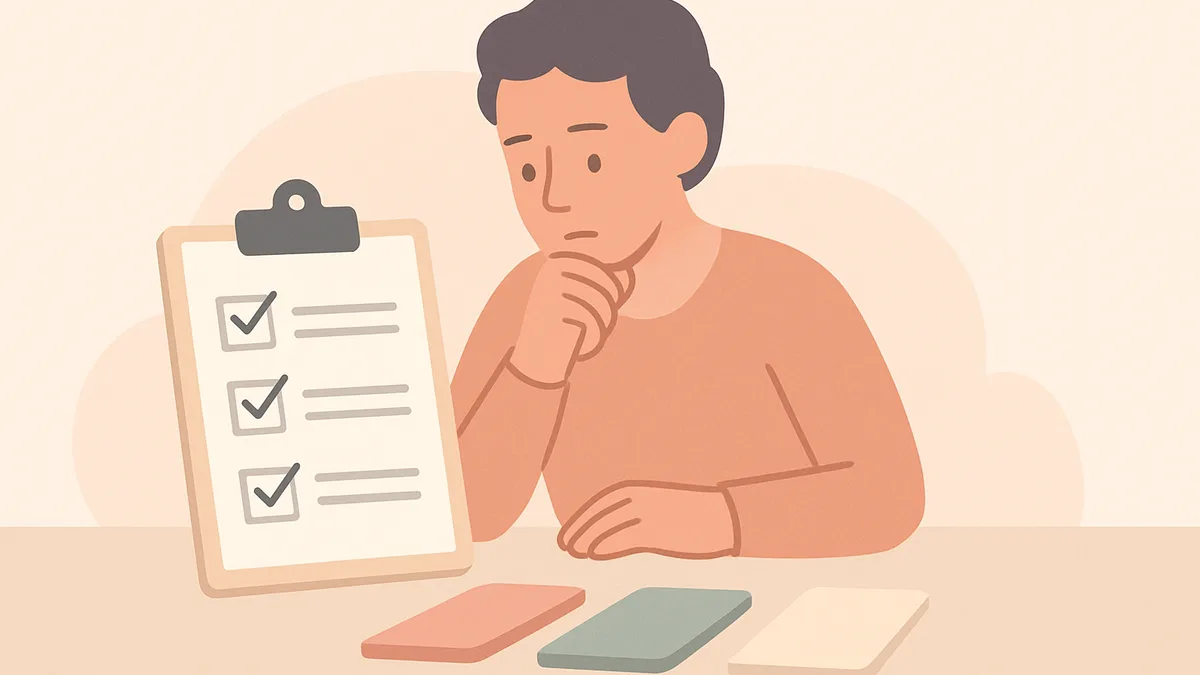 A parent comparing several options on a clipboard with a checklist, thoughtful and methodical