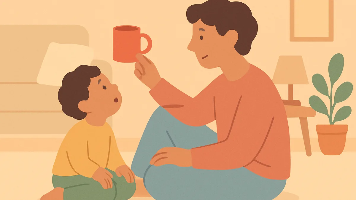 A parent and young child sitting together on the floor, the parent holding up a single simple object for the child to name