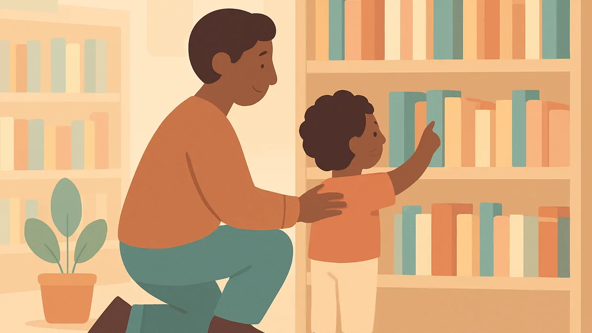 A parent and child browsing a shelf of books together at a public library