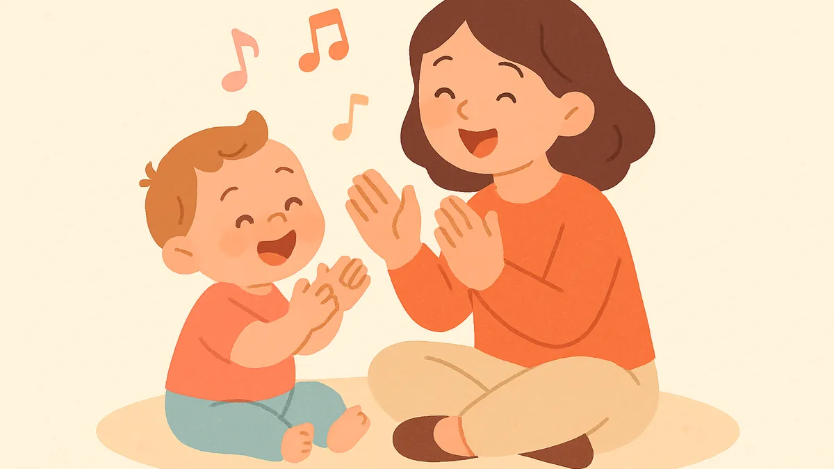 A parent and toddler singing together happily, clapping hands to a rhythm