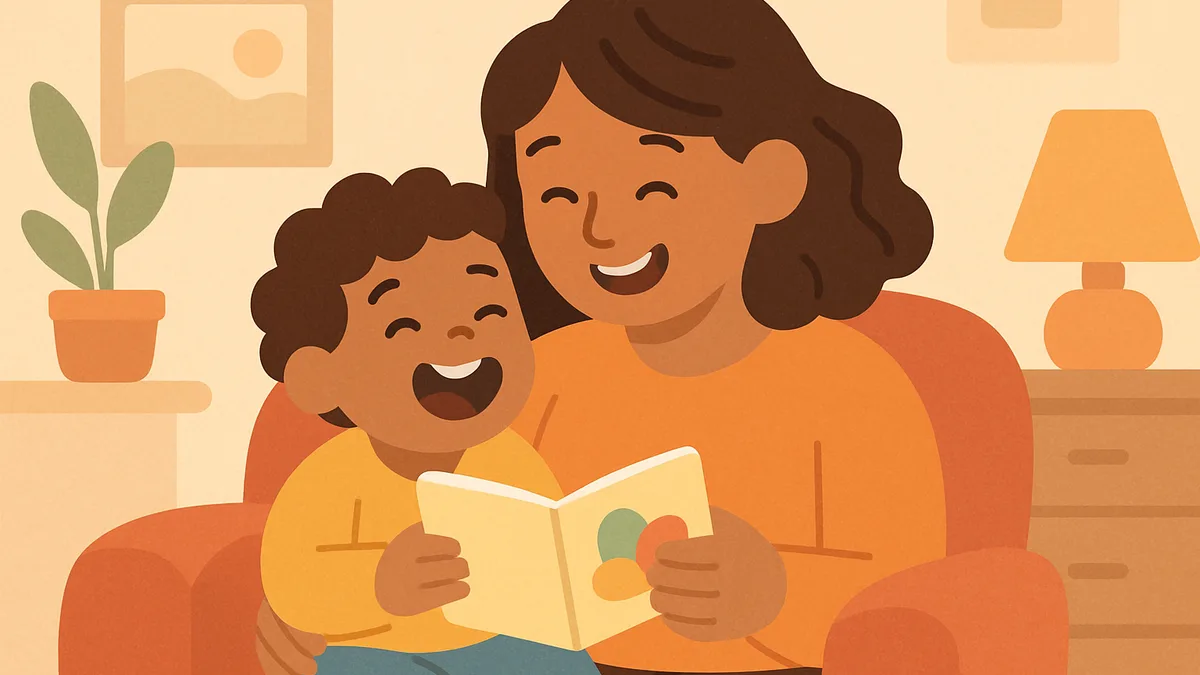 A parent and child laughing together while reading a small picture book, warm and joyful mood