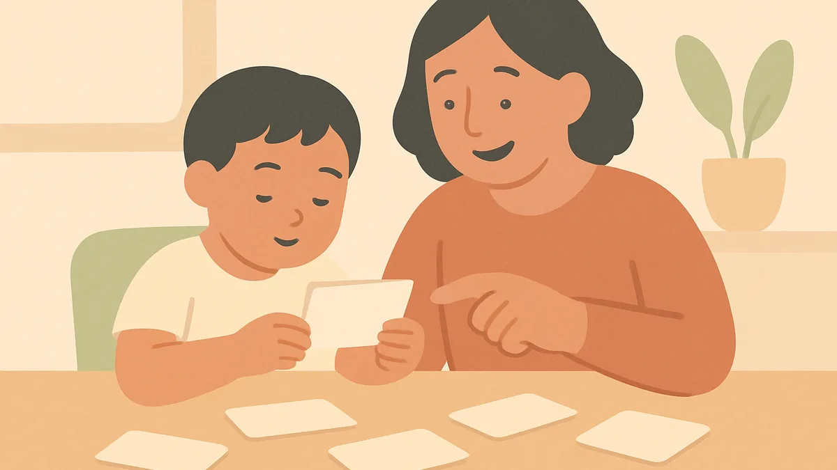 A parent and child sitting together at a table doing a simple reading check with word cards