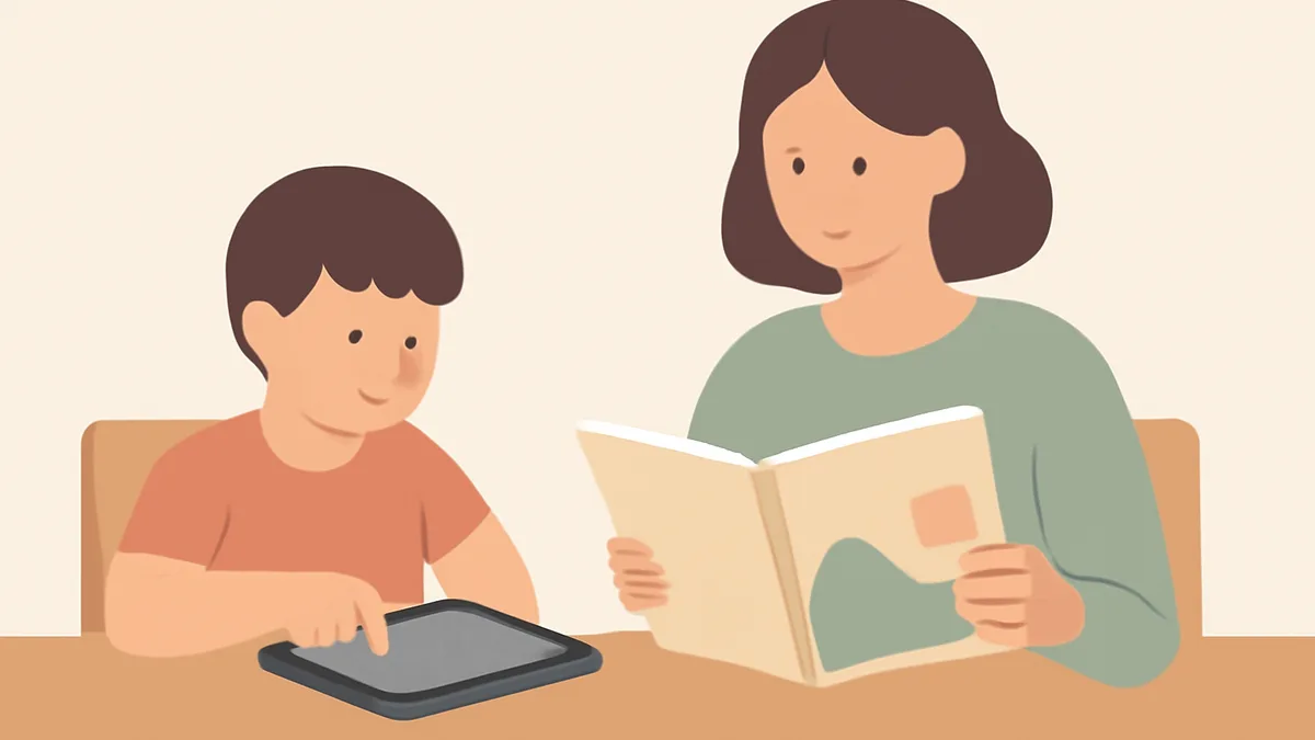 A child using a tablet at a table next to a parent reading a physical book with them