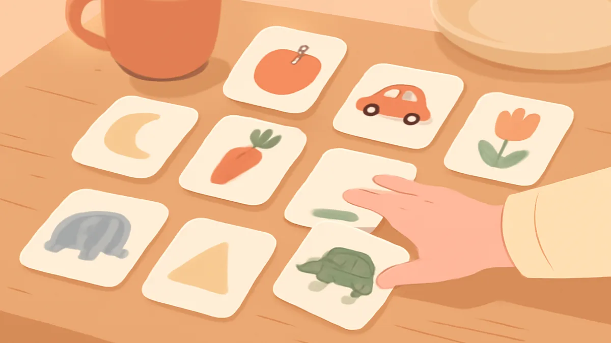A spread of flashcards on a table with a child's hand reaching to pick one up