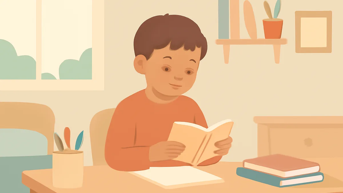 A 7-year-old reading a chapter book with short paragraphs at a desk