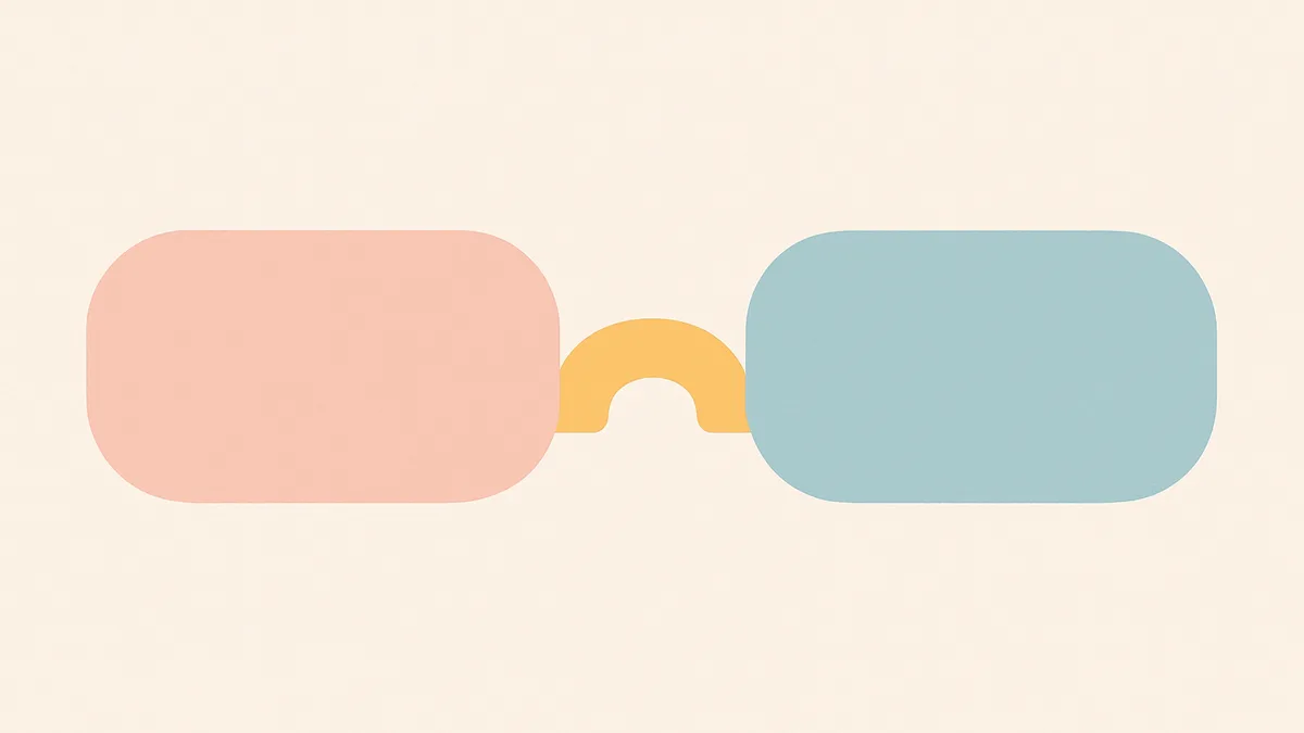 Two flags-like abstract shapes connected by a bridge, representing two languages connecting