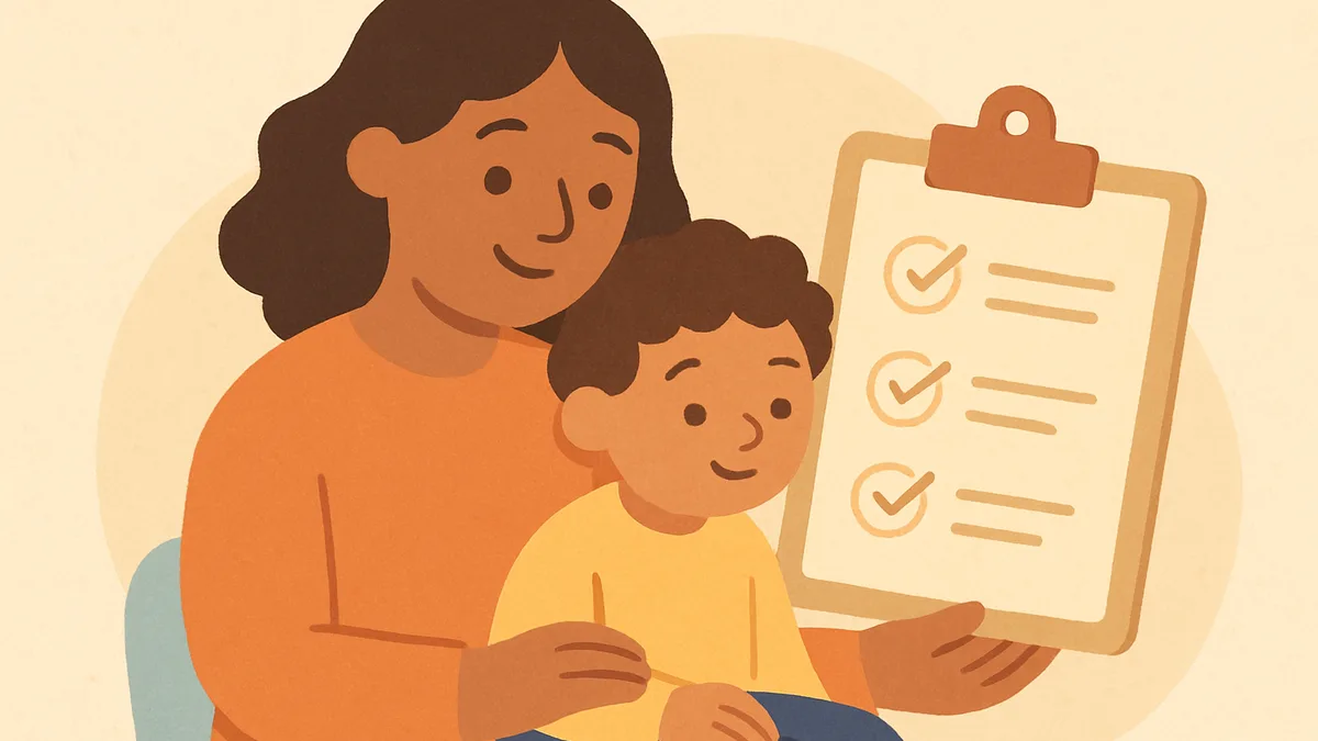 A parent and child looking at a checklist together, working through options calmly