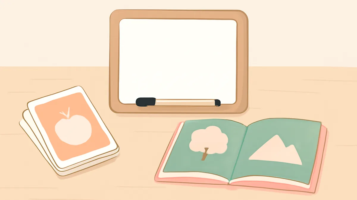 A small whiteboard, flashcards, and a picture book laid out neatly on a table ready for a home phonics lesson