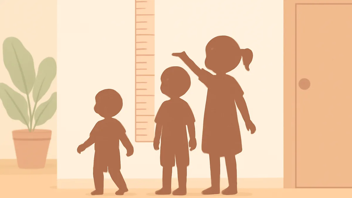 A growth chart illustration with a small child figure at different heights marked along a wall