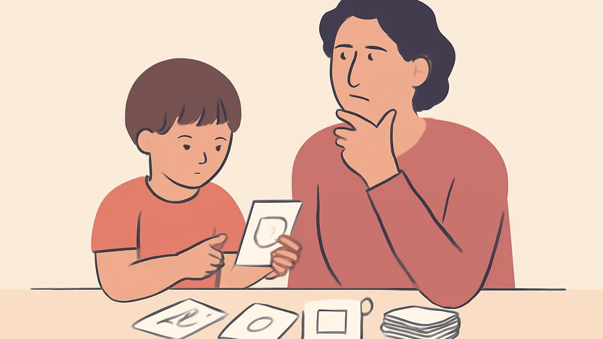 A parent pausing thoughtfully while sitting at a table with a child and a stack of practice cards