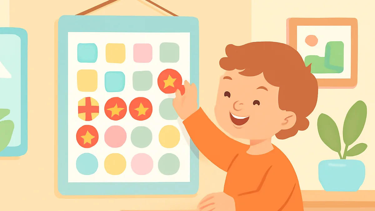 A colorful sticker chart on a wall with a child placing a sticker on it happily