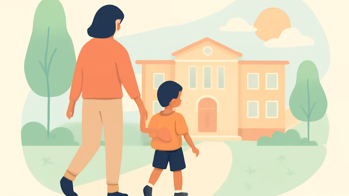 A child walking into school on a sunny June morning holding a parent's hand
