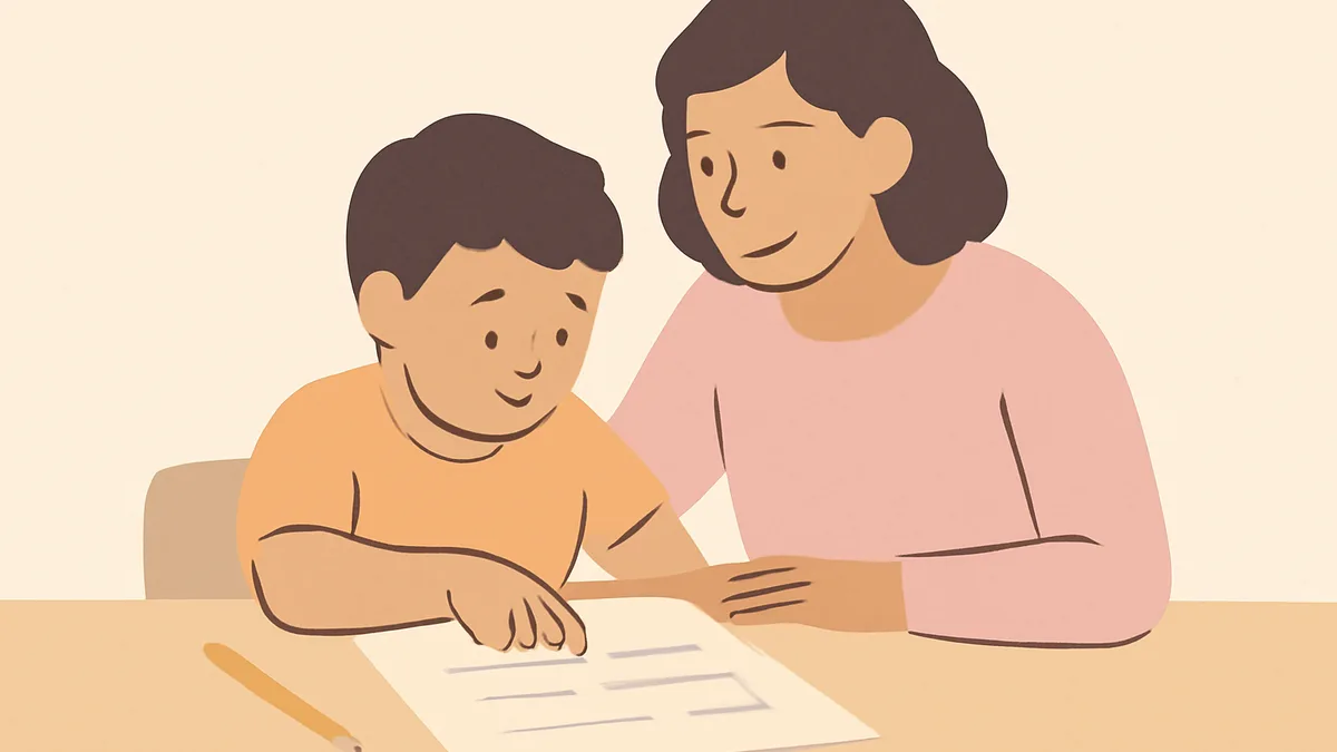 A child pointing to a word on a practice worksheet while a parent watches at the table