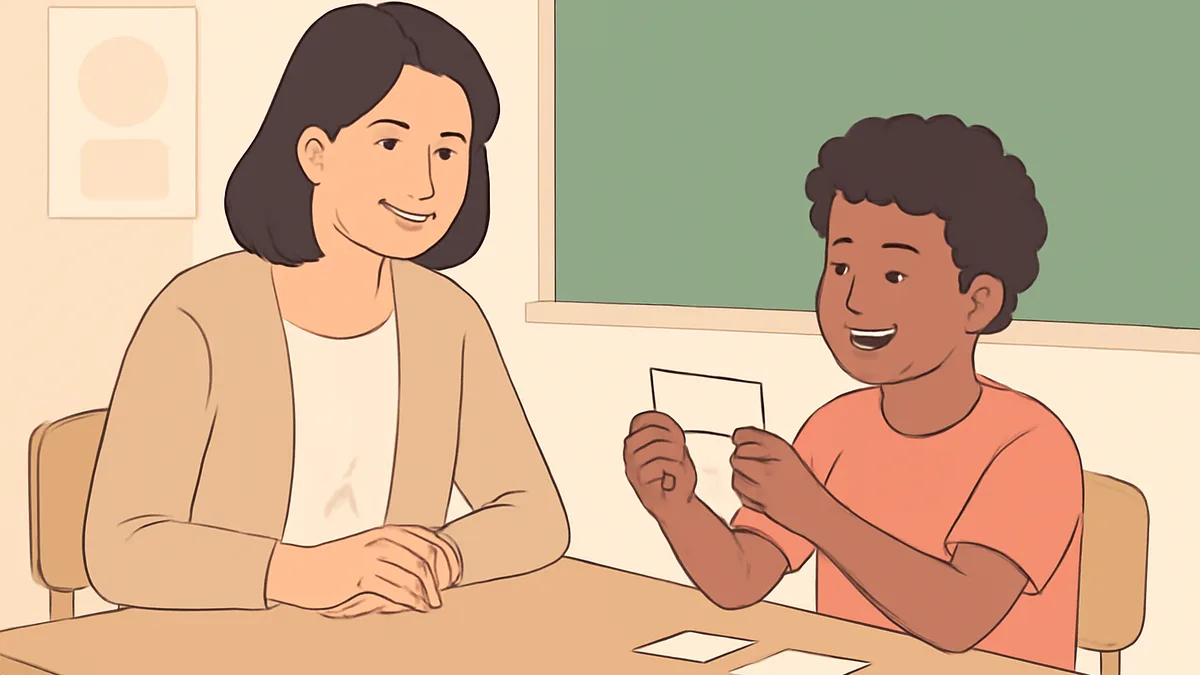 A Year 2 teacher smiling while listening to a child read aloud from a word card