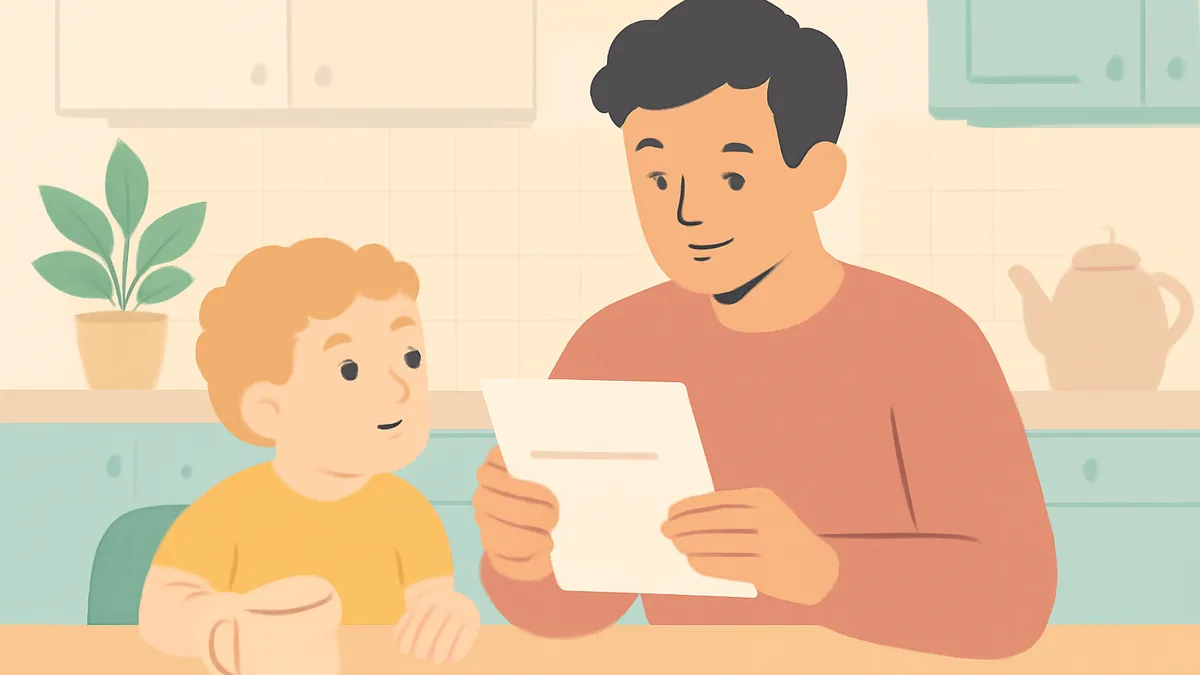 A parent reading a school letter at the kitchen table with a curious child looking on