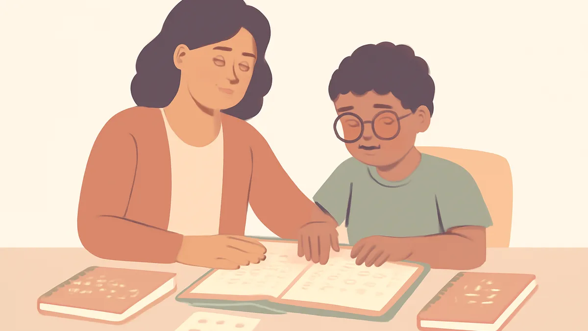 A SENDCo and a young child sitting together with supportive, adapted reading materials