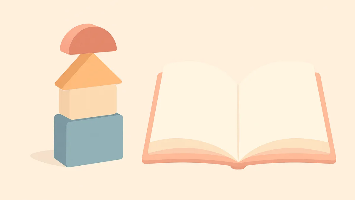A set of building blocks on one side and a full open storybook on the other, representing two different reading philosophies