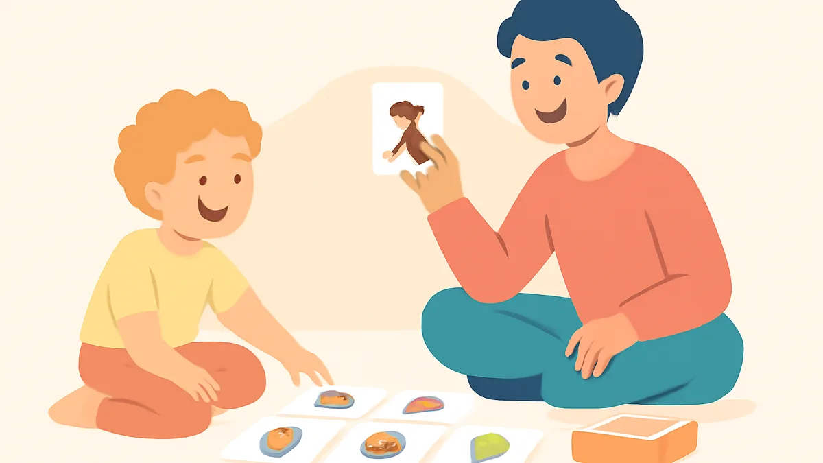 A preschool-age child playing a rhyming game with picture cards on the floor with a parent