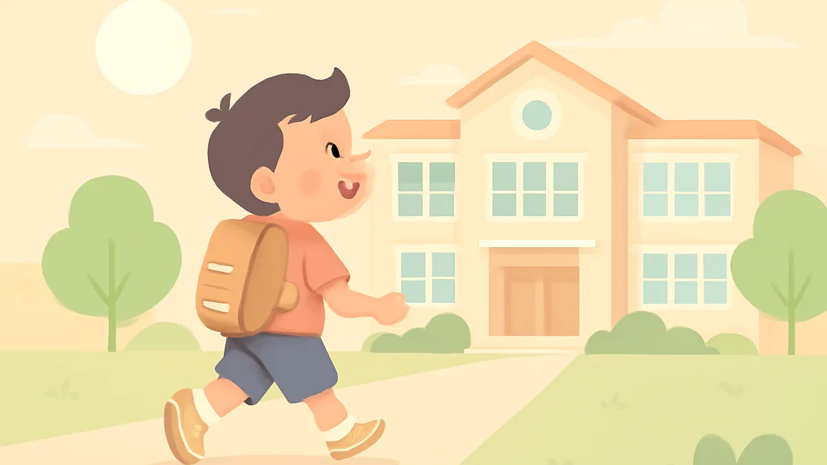 A child walking with a backpack toward a school building, looking excited