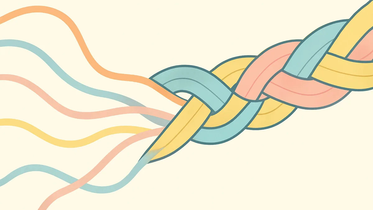 Several colourful thread-like strands twisting together into one strong braided rope