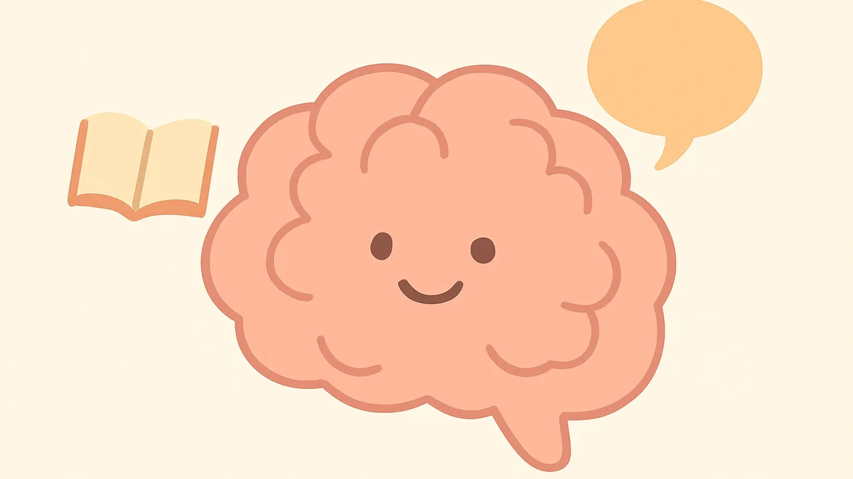 A simple brain icon with a small book and speech bubble, representing the science behind how reading is learned