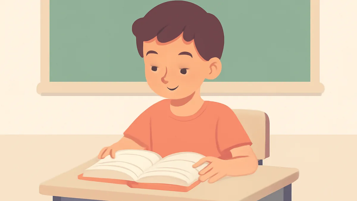 A second-grade child reading a slightly longer storybook independently at a classroom desk