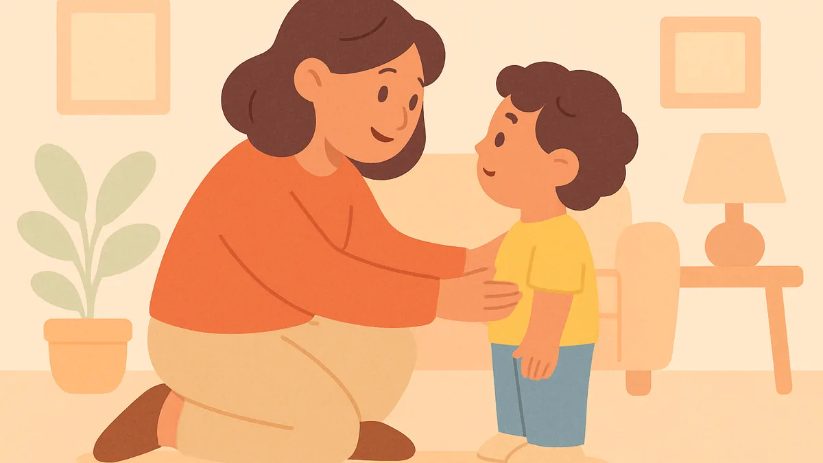A supportive parent gently talking with a child about reading, calm and reassuring mood