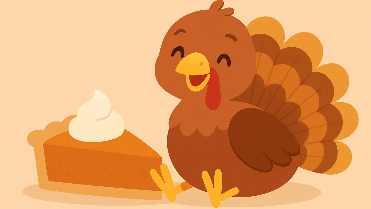 A cute cartoon turkey and a pumpkin pie sitting together on an autumn-themed table