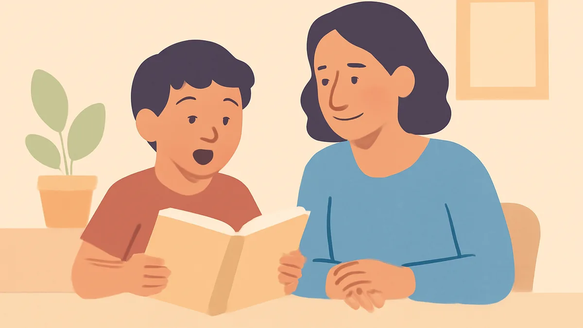 A third-grade child reading a chapter book aloud to a parent, tracking the text with a finger