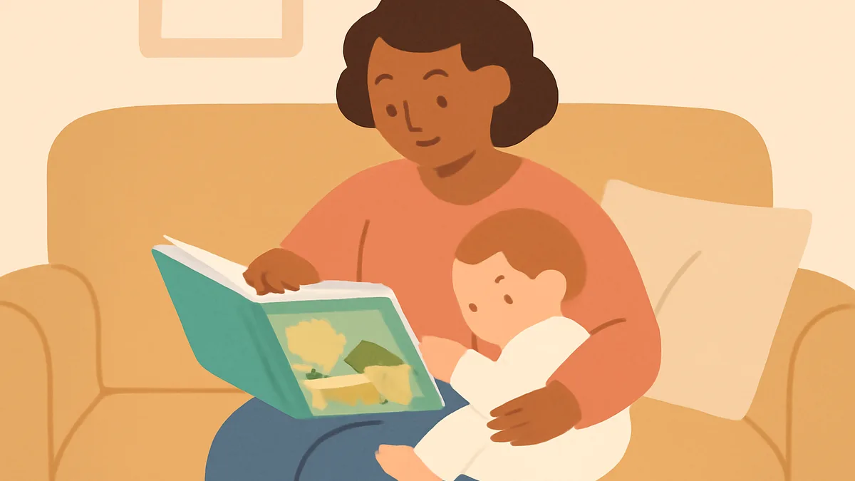 A parent reading a picture book aloud to a toddler curled up on their lap