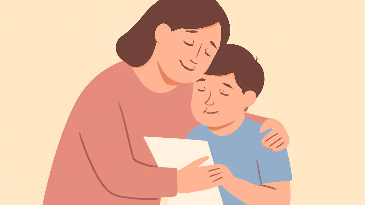 A parent giving a reassuring hug to a child holding a school report