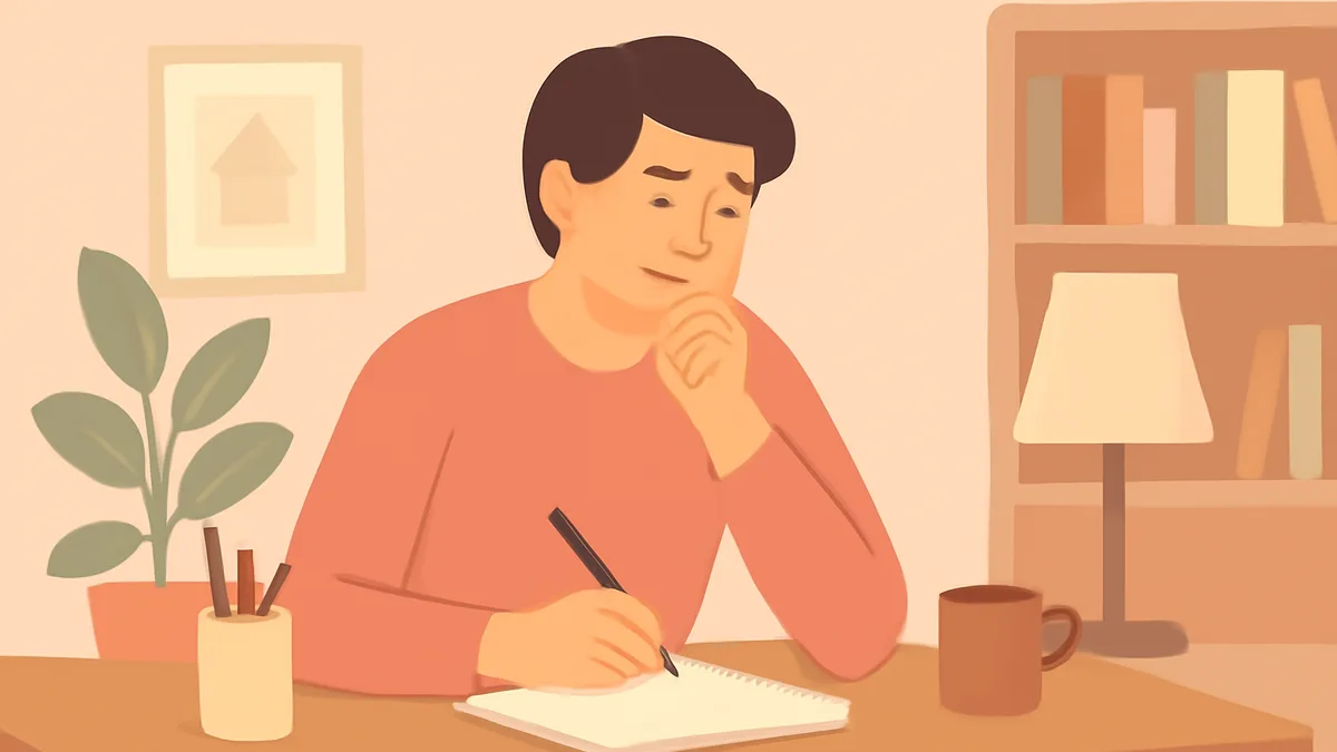 A parent thoughtfully weighing a decision at a desk with notes, calm and considered mood