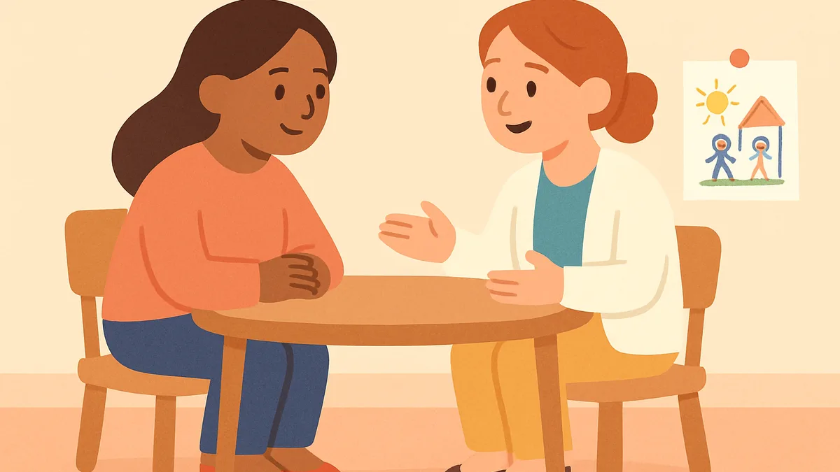 A parent and teacher having a supportive conversation, with a child's drawing visible nearby