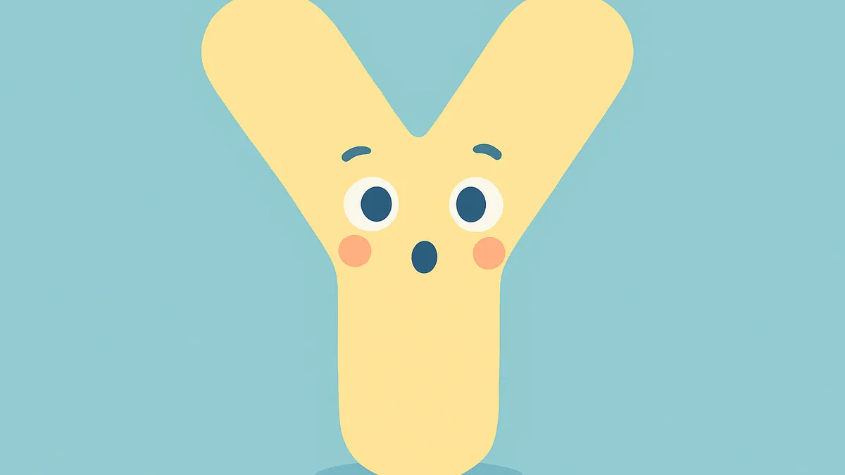 The letter Y shown with a curious friendly expression, representing its dual role as consonant and vowel