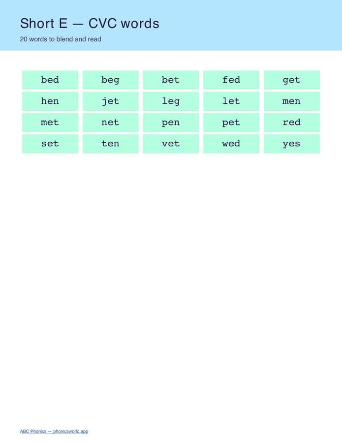 CVC Word List by Vowel (PDF) — page 2