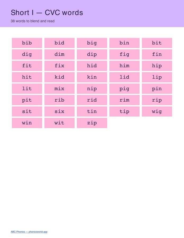 CVC Word List by Vowel (PDF) — page 3
