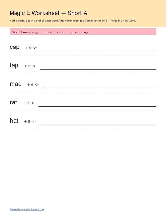 Magic E Worksheet (Free PDF)