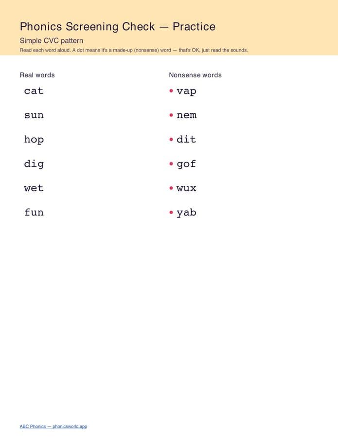 Phonics Screening Check Practice (PDF)