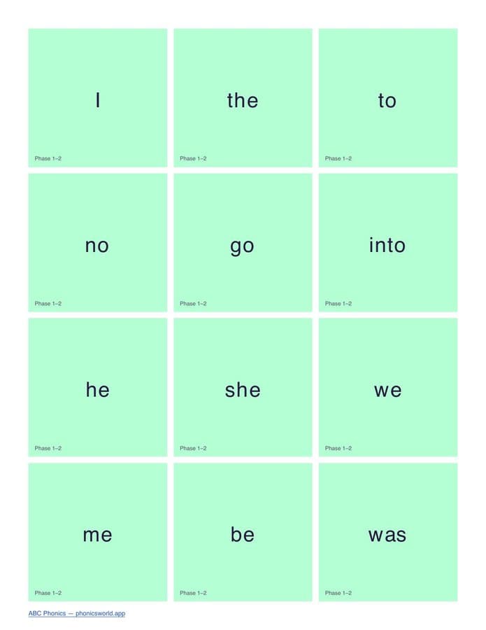 Tricky/Sight Words Flashcards by Phase (PDF)