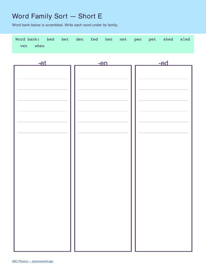 Word Family Sort Worksheet (PDF) — page 2