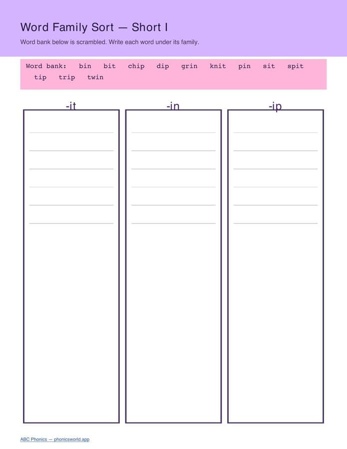 Word Family Sort Worksheet (PDF) — page 3