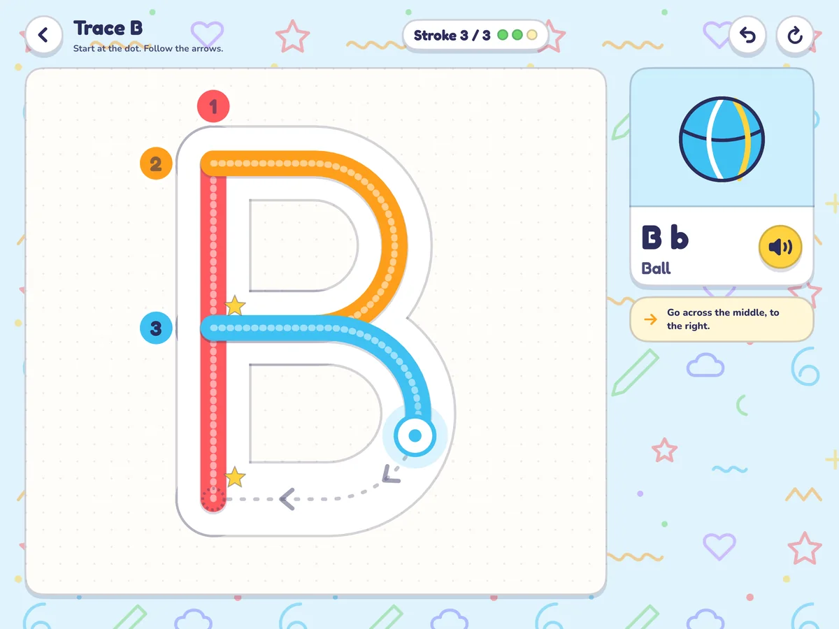 ABC Draw on iPad: tracing capital B with numbered strokes, a stroke counter, a Ball picture card and the hint Go across the middle, to the right