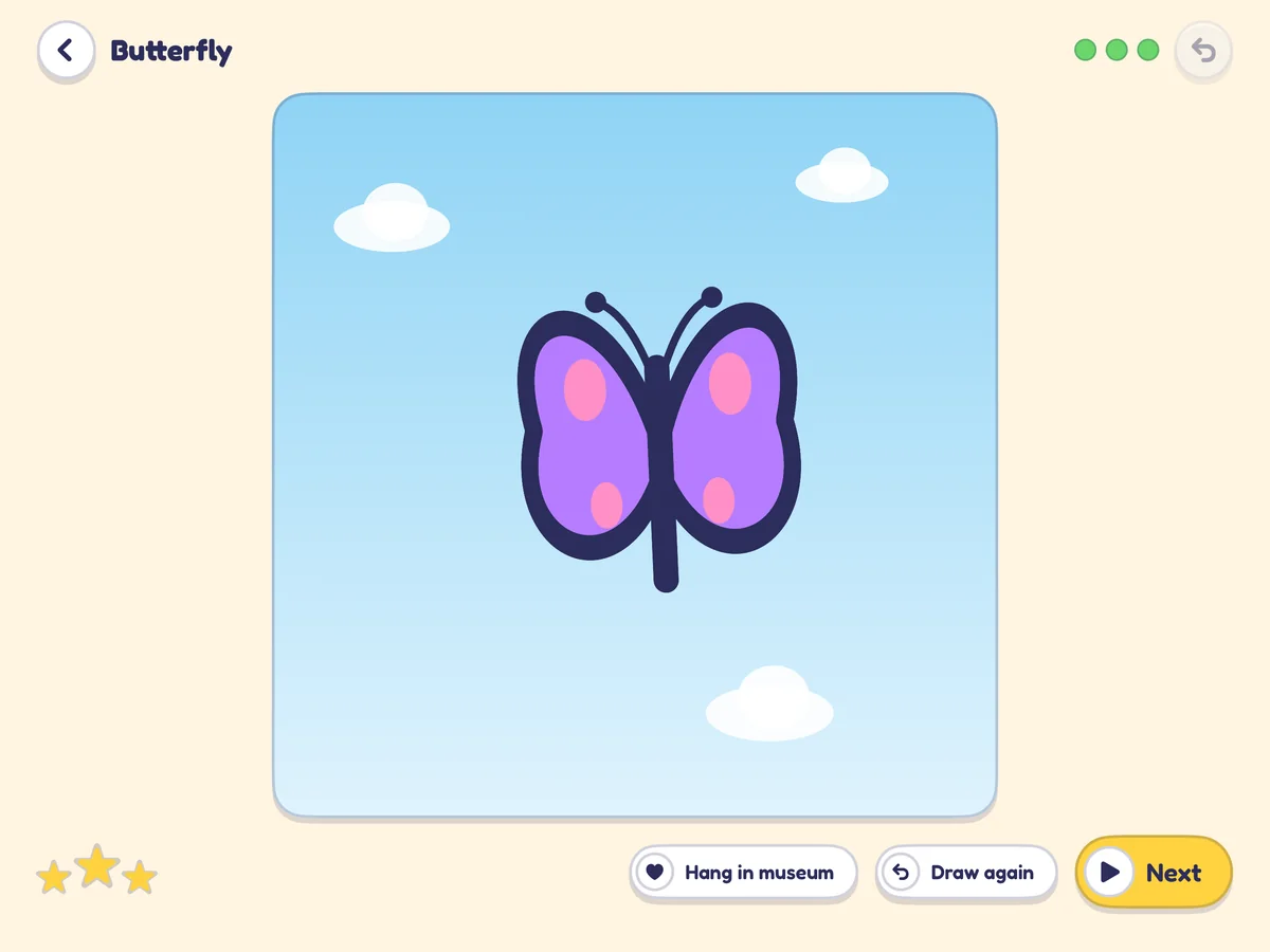 Draw Alive: a traced and coloured purple butterfly finished with three stars and a Hang in museum button