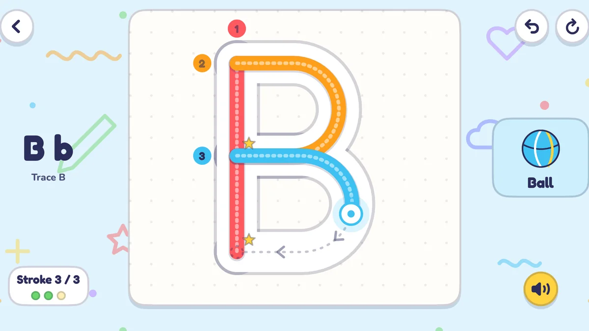 Kids Drawing app on iPhone: ABC Draw tracing the letter B with three numbered strokes and a Ball picture card