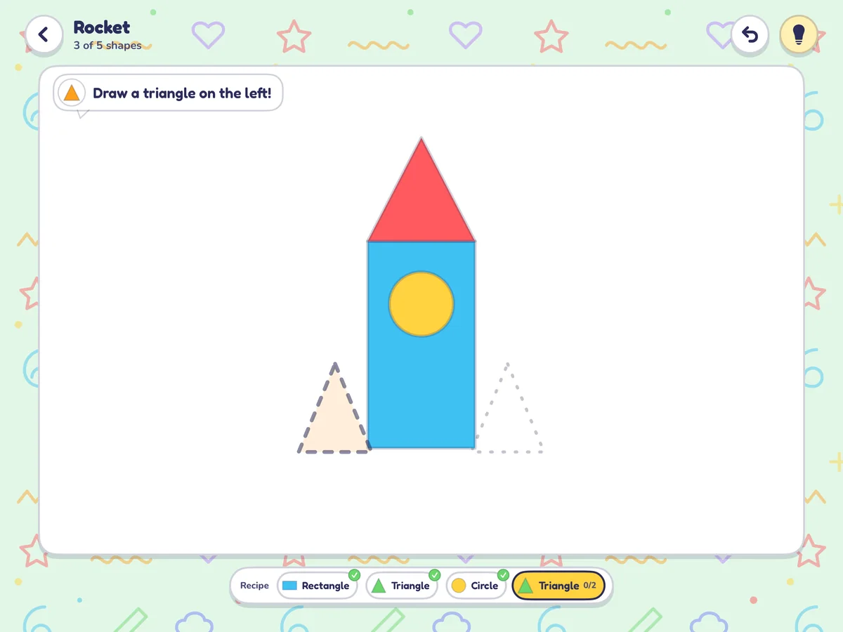 Shape Builder: building a rocket from a rectangle, a circle and triangles, with the prompt Draw a triangle on the left