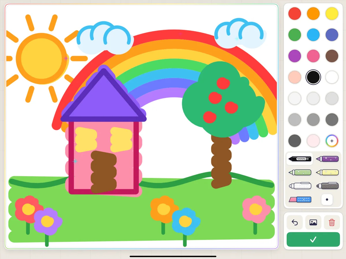 Kids Drawing Studio on iPad: a free drawing of a house, a rainbow, a sun, an apple tree and flowers with the colour and pen palette